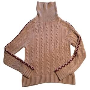 Women's Pink Cable Knit Turtleneck Sweater with Burgundy Trim Detail Size Medium